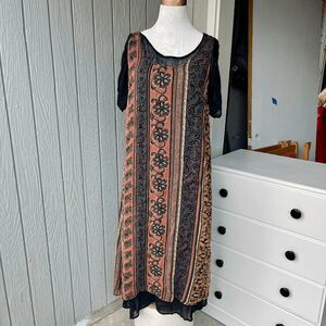 Vintage 90s Kloz Lyne India Boho Dress Black Sheer Sleeves Festival Grunge L